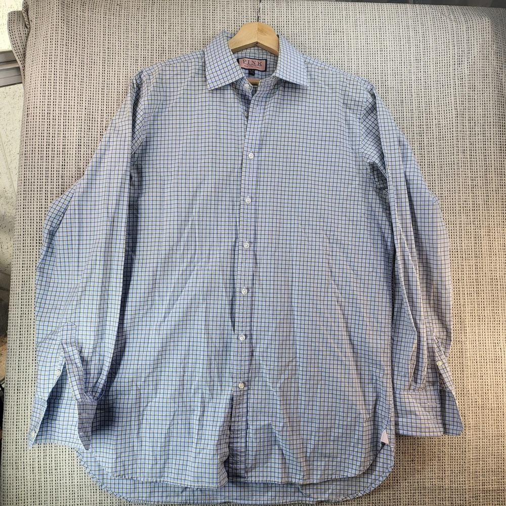 Thomas Pink Shirt Mens 16.5 36.5 Blue Yellow Check Classic Dress Button Down